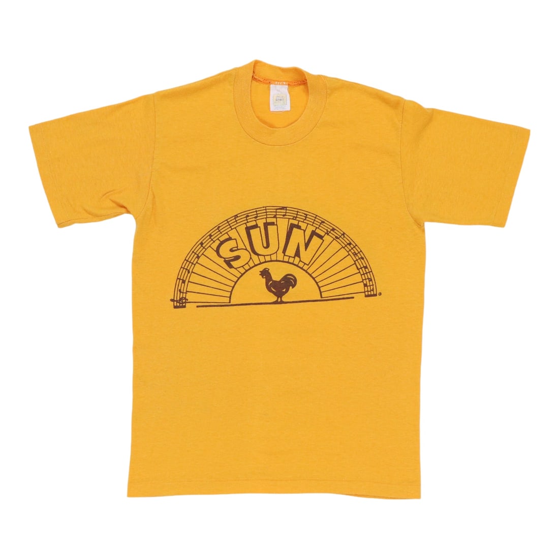 1980s Sun Records Shirt: 1980s Sun Records Shirt Medium-sized, yellow vintage Sun Records shirt from the 1980s. This authentic 50/50 poly/cotton blend features a classic collar-to-hem design with no back graphics and