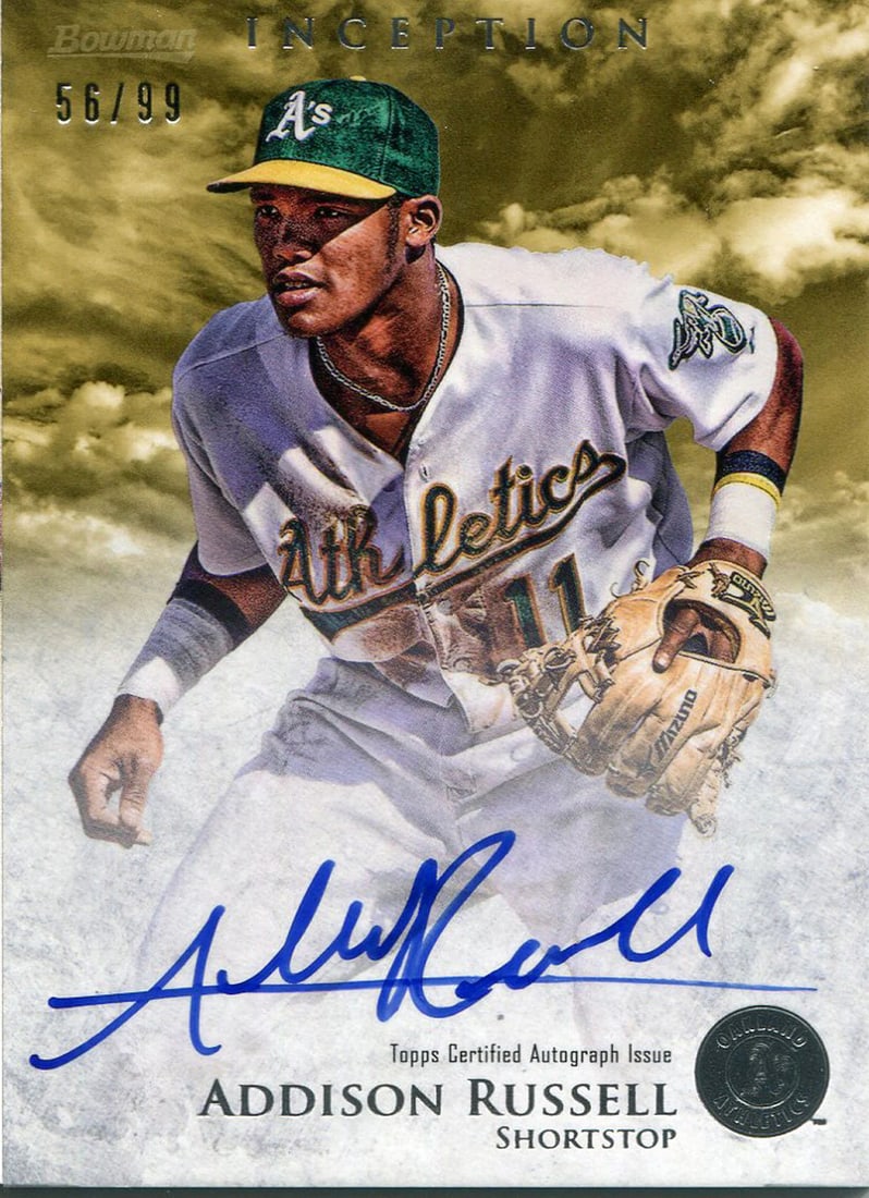 Russell Autographed 2013 Inception Bowman Card: Russell Autographed 2013 Inception Bowman Card Signed by Addison Russell, this 2013 Bowman Inception card is in Near Mint-Mint condition. The autograph adds a unique touch to the already