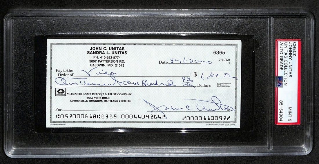 Johnny Unitas HOF Signed/ Auto 2000 Bank Check Colts PSA/ DNA MINT 9 193243: Johnny Unitas HOF Signed/ Auto 2000 Bank Check Colts PSA/ DNA MINT 9 193243 Item Specifics: Original/Reprint: Original Player: Johnny Unitas Product: Check Signed: YES Sport: Football Product