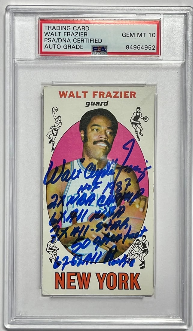 1969-70 Walt Clyde Frazier Signed Multi Inscription Topps Rookie Card #98 (PSA): 1969-70 Walt Clyde Frazier Signed Multi Inscription Topps Rookie Card #98 (PSA) Signed in blue sharpie across the front of the card with 7 inscriptions, this 1969-70 Walt Clyde Frazier Topps Rookie