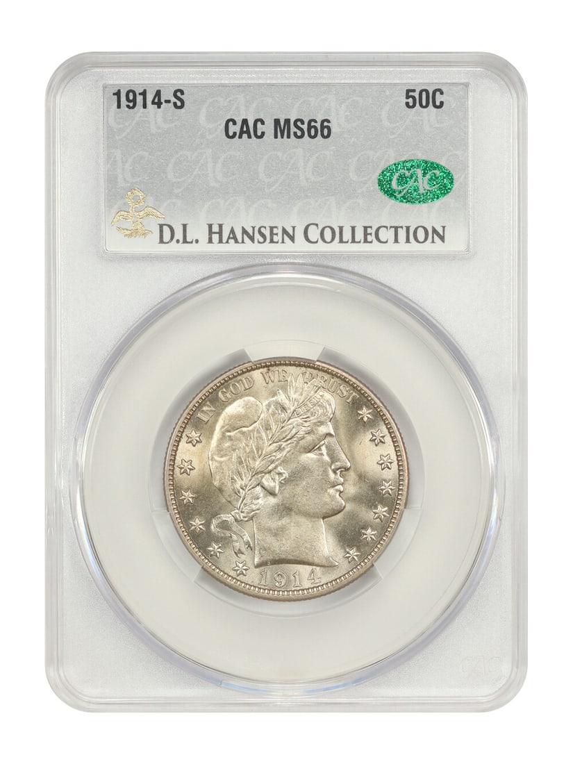 1914-S 50C CACG MS66 ex: D.L. Hansen - Barber Half Dollar: 1914-S 50C CACG MS66 ex: D.L. Hansen - Barber Half Dollar The 1914-S Barber Half Dollar, graded MS66 by CACG, boasts exceptional mint state condition with striking details. Certified circulated, this