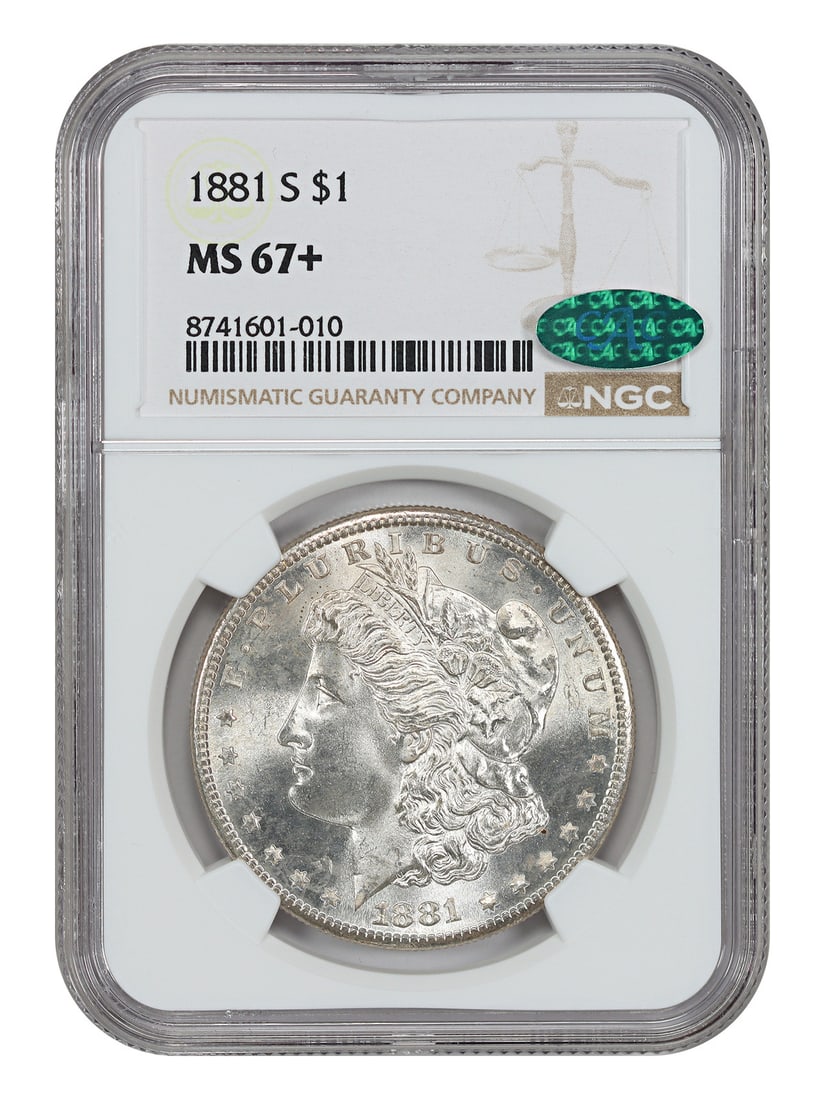 1881-S $1 NGC/ CAC MS67+ - Morgan Dollar - Popular Collector Date: 1881-S $1 NGC/ CAC MS67+ - Morgan Dollar - Popular Collector Date The 1881-S $1 Morgan Dollar, graded MS67+, boasts exceptional condition and striking details from the San Francisco Mint. This highly