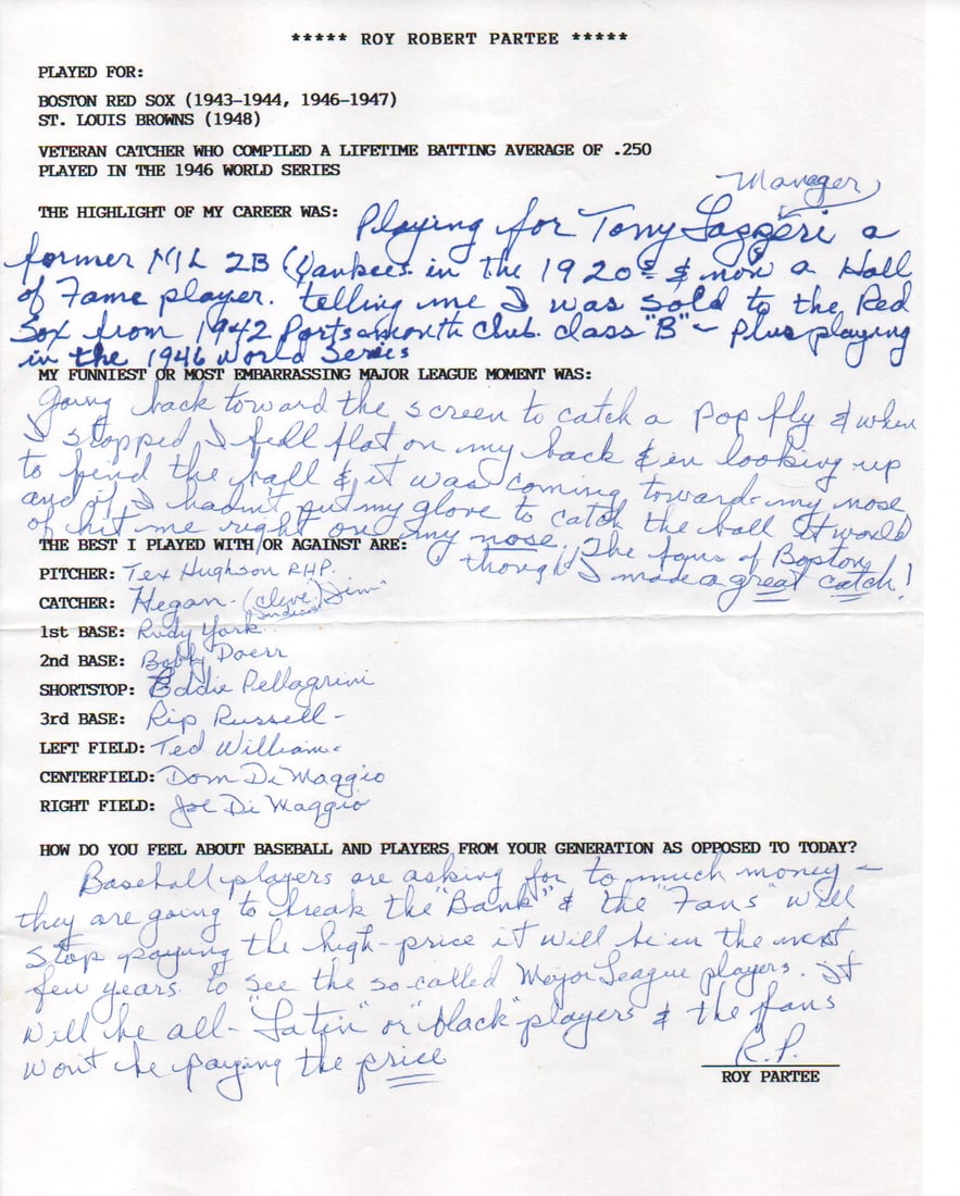 Roy Partee Autographed Hand Filled Out Survey Page (JSA) (1 of 2)