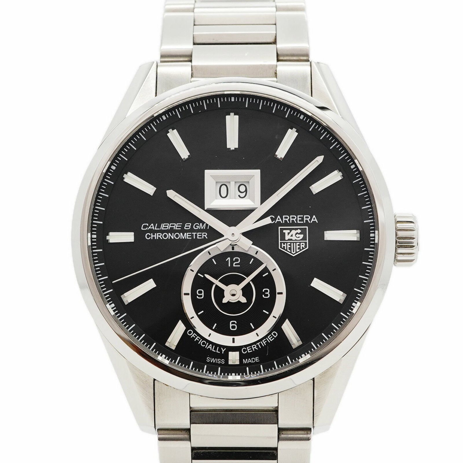 Tag Heuer Wristwatch: Tag Heuer Wristwatch Stainless steel band and black dial make for a sleek, modern look. This used Tag Heuer wristwatch boasts a 40.8mm case diameter and adjustable size to fit most wrists. With