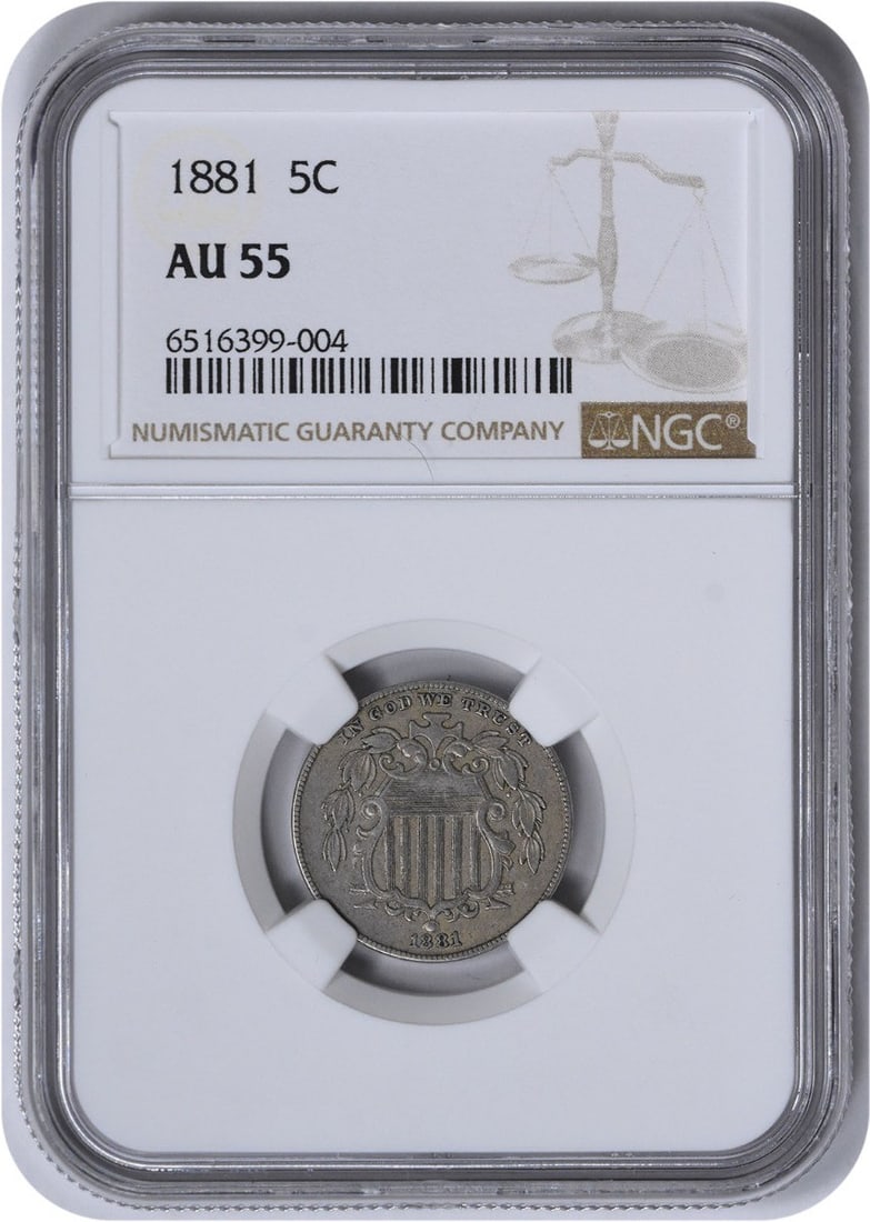 1881 Shield Nickel AU55 NGC: 1881 Shield Nickel AU55 NGC The 1881 Shield Nickel features a distinctive design by James Barton Longacre, showcasing the iconic shield motif. This circulated coin has been certified by NGC and