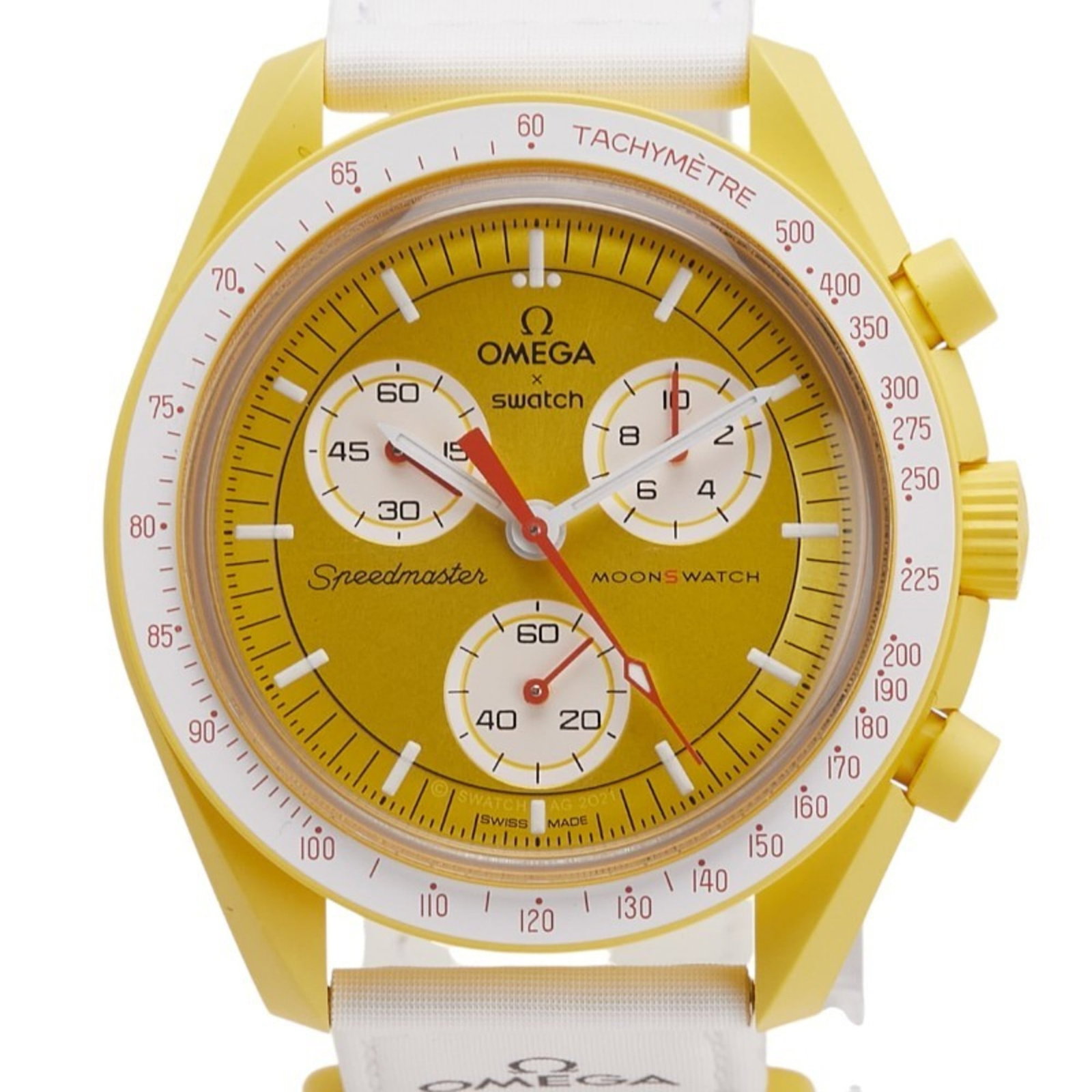 Omega Wristwatch: Omega Wristwatch Ceramic case and gold dial make for a striking combination in this Omega wristwatch. The nylon band provides a comfortable fit, while the 41.8mm diameter case size suits wrists up to