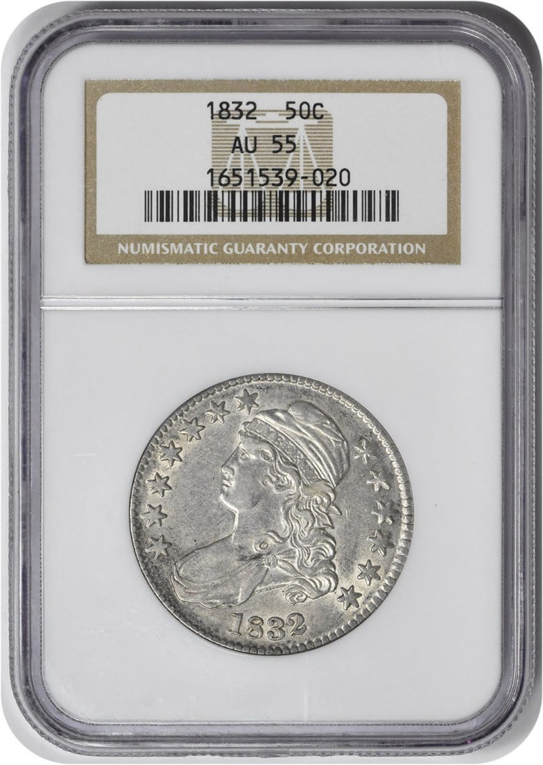 1832 Bust Silver Half Dollar Small Letters AU55 NGC: 1832 Bust Silver Half Dollar Small Letters AU55 NGC The 1832 Bust Silver Half Dollar Small Letters features an AU55 grade from the NGC, showcasing its circulated condition. This coin bears a