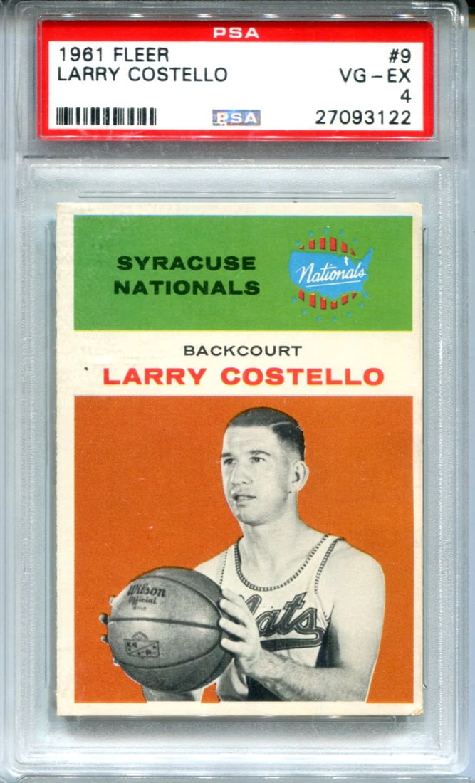 Larry Costello 1961 Fleer #9 PSA VG-EX 4 Card: Larry Costello 1961 Fleer #9 PSA VG-EX 4 Card Larry Costello 1961 Fleer #9 PSA VG-EX 4 Card features a rare baseball card from the iconic Fleer brand, graded by Professional Sports Authentication