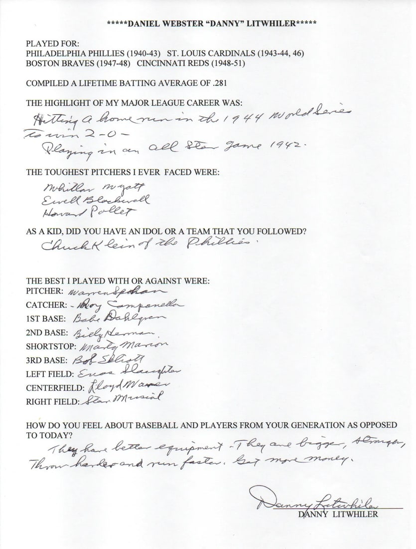 Daniel Litwhiler Autographed Hand Filled Out Survey Page (JSA) (1 of 2)