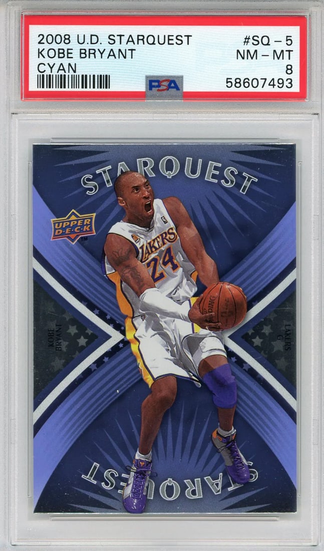 Kobe Bryant 2008 Upper Deck Starquest Cyan Card #SQ-5 (PSA NM-MT 8): Kobe Bryant 2008 Upper Deck Starquest Cyan Card #SQ-5 (PSA NM-MT 8) PSA/DNA graded and slabbed, this 2008 Upper Deck Starquest Cyan Card #SQ-5 features the iconic likeness of Kobe Bryant. The card