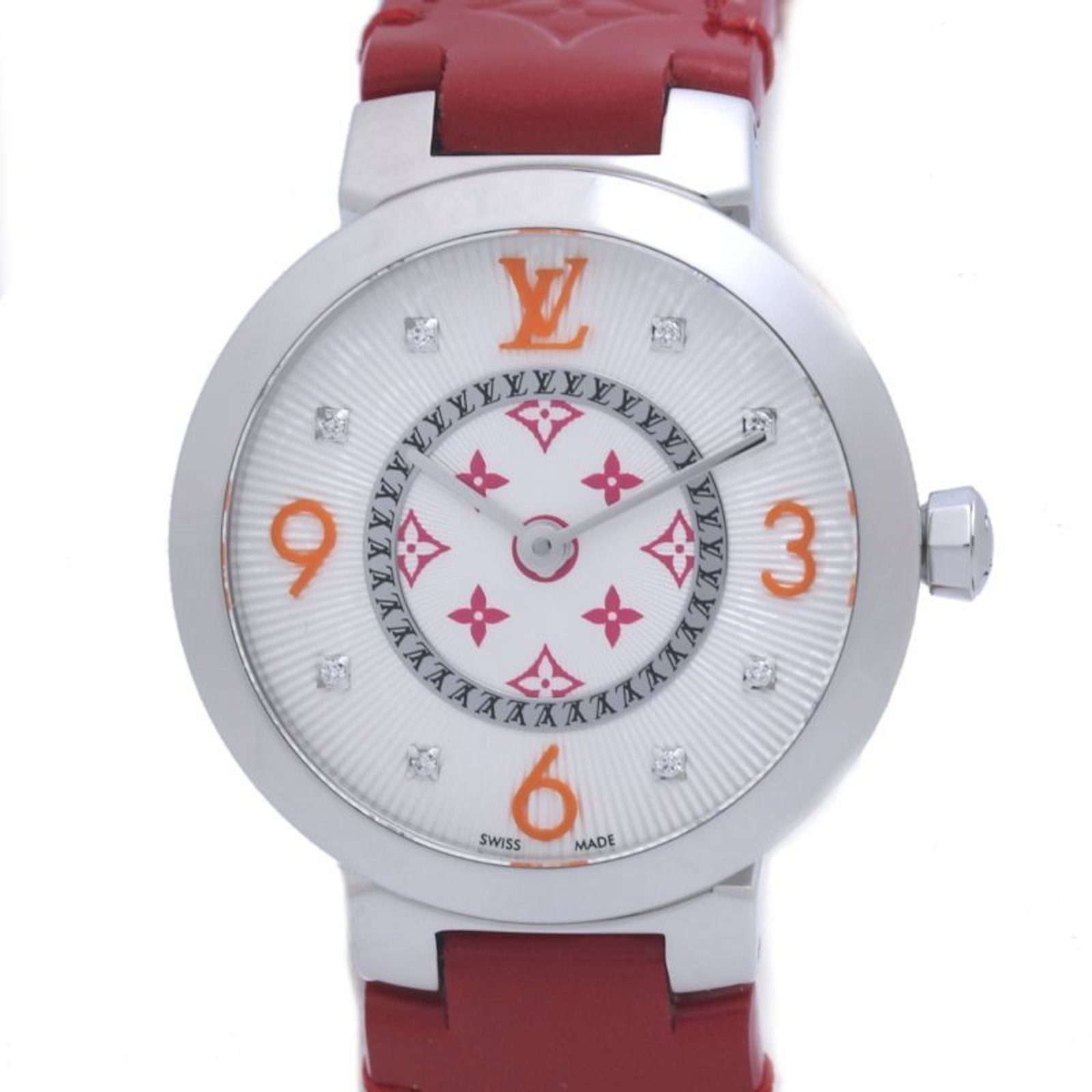Louis Vuitton Wristwatch: Louis Vuitton Wristwatch Stainless steel case and leather band make for a sleek, timeless design. This Louis Vuitton wristwatch boasts an orange, pink, or white dial, adding a pop of color to any