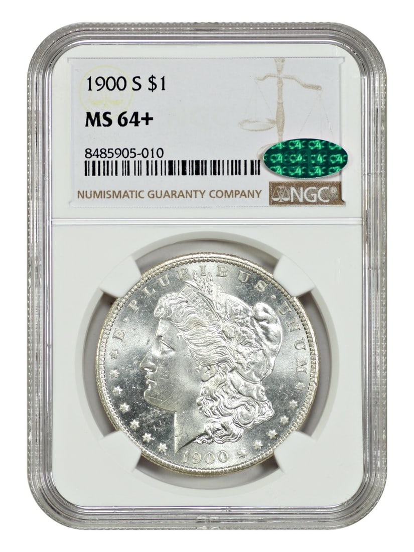 MS64+NGC/ CAC $1 1900-S Morgan Dollar: MS64+NGC/ CAC $1 1900-S Morgan Dollar MS64+NGC/ CAC $1 1900-S Morgan Dollar, graded MS64 with a high level of detail and sharp relief, showcasing the iconic San Francisco Mint mark. This uncirculated