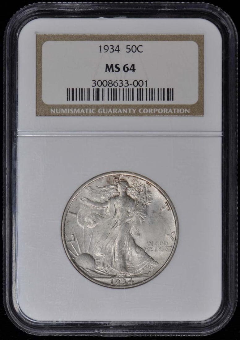 1934 Walking Liberty Half Dollar 50C NGC MS64: 1934 Walking Liberty Half Dollar 50C NGC MS64 The 1934 Walking Liberty Half Dollar boasts an MS64 grade, showcasing exceptional detail and luster. Certified by the Numismatic Guaranty Corporation