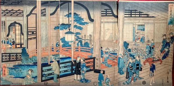 Woodblock Print Triptych of Hiroshige II 1860 from Yokohama Ganki House Ukiyo: Woodblock Print Triptych of Hiroshige II 1860 from Yokohama Ganki House Ukiyo Item Specifics: Artist: Utagawa Hiroshige II Subject: Yokohama-e Ganki Pleasure House Material: Handmade Washi Paper
