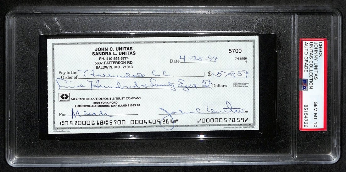 Johnny Unitas HOF Signed/ Auto 1999 Bank Check Colts PSA/ DNA GEM MT 10 192623: Johnny Unitas HOF Signed/ Auto 1999 Bank Check Colts PSA/ DNA GEM MT 10 192623 Signed by Johnny Unitas, the legendary Colts quarterback, on a 1999 bank check, this PSA/DNA Gem Mint 10 (MT 10)
