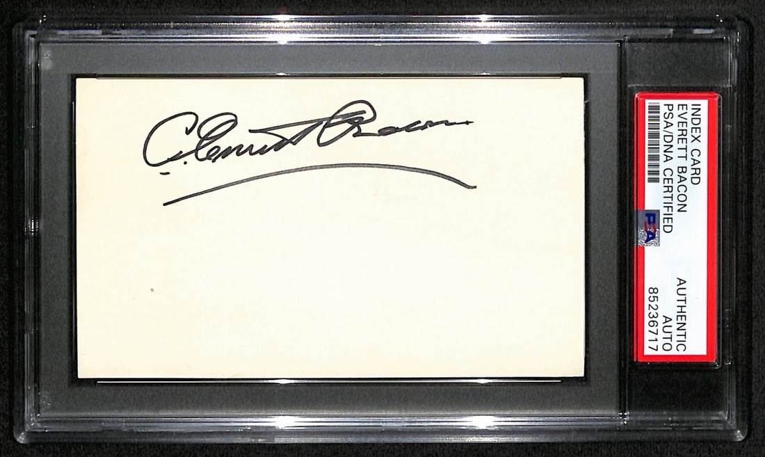 C. Everett Bacon CFB HOF Signed/ Auto 3x5 Index Card Wesleyan U. PSA/ DNA 189011: C. Everett Bacon CFB HOF Signed/ Auto 3x5 Index Card Wesleyan U. PSA/ DNA 189011 C. Everett Bacon, a College Football Hall of Famer, has signed his name to this 3x5 index card at Wesleyan University.