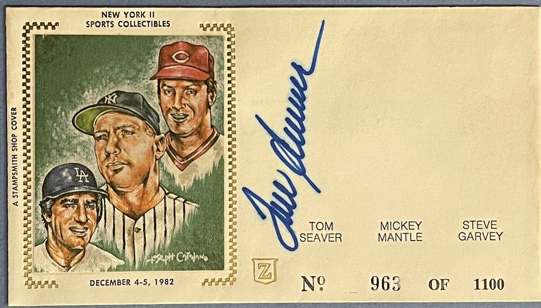 Tom Seaver Autographed First Day Cover: Tom Seaver Autographed First Day Cover Signed in blue sharpie across the front of the first day cover, Tom Seaver's autograph adds a unique touch to this piece. This First Day Cover commemorates an im