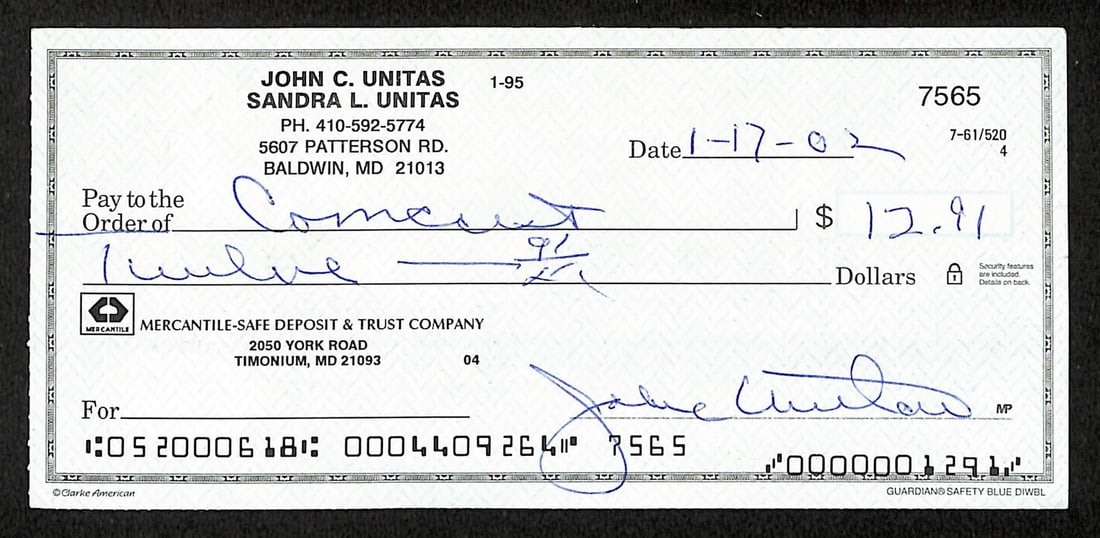 Johnny Unitas HOF Signed/ Autographed 2002 Bank Check Baltimore Colts JSA 199049: Johnny Unitas HOF Signed/ Autographed 2002 Bank Check Baltimore Colts JSA 199049 Johnny Unitas HOF Signed 2002 Bank Check Baltimore Colts JSA. This autographed check features the legendary