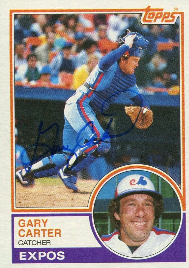 Gary Carter 1983 Topps Autographed Card: Gary Carter 1983 Topps Autographed Card Gary Carter's 1983 Topps Autographed Card features his signature in blue sharpie across the front. The card is accompanied by an Authenticity Certificate from
