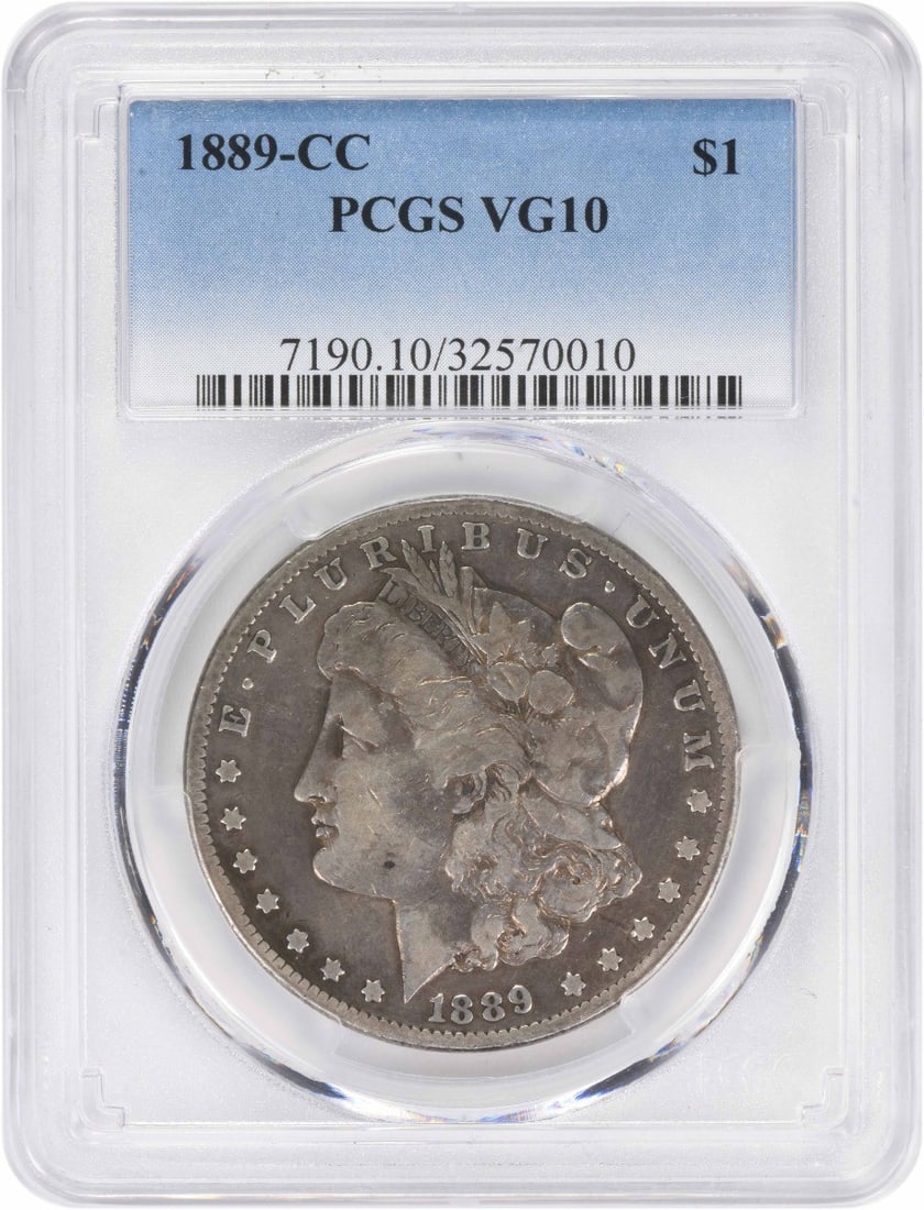 Morgan Silver Dollar CC 1889 VG10 PCGS: Morgan Silver Dollar CC 1889 VG10 PCGS The Morgan Silver Dollar CC 1889 is a Circulated coin, certified by PCGS, with a VG10 grade. It was minted in Carson City and features a diameter of 38.10