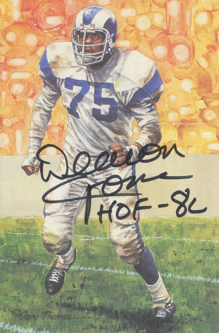 DEACON JONES AUTOGRAPHED GOAL LINE ART CARD: DEACON JONES AUTOGRAPHED GOAL LINE ART CARD Signed across the front in black sharpie by Deacon Jones, this Goal Line Art Card features a notable autograph from the legendary NFL player. Bearer of