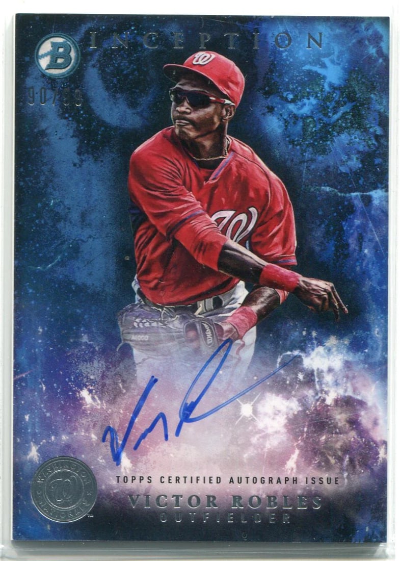 Robles Victor Autographed Bowman 2016 Inception Rookie Card: Robles Victor Autographed Bowman 2016 Inception Rookie Card Signed in blue sharpie across the front, this 2016 Bowman Inception rookie card features the autograph of Victor Robles. Numbered 90 out of
