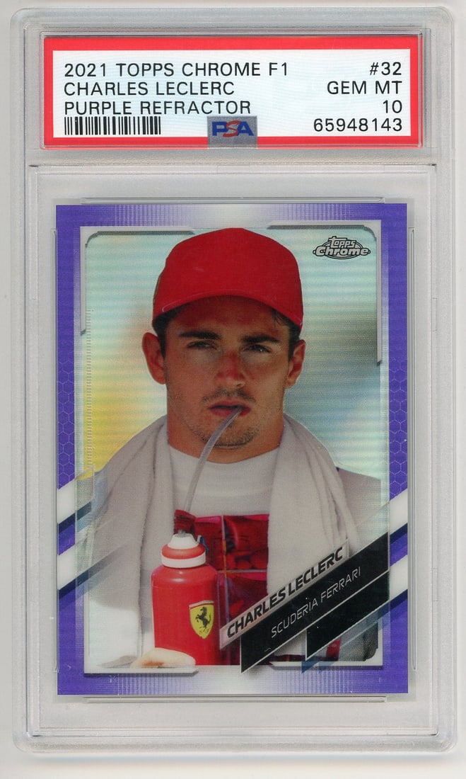Topps Purple Refractor 2021 Chrome Charles Leclerc #32: Topps Purple Refractor 2021 Chrome Charles Leclerc #32 Topps Purple Refractor 2021 Chrome Charles Leclerc #32 is a high-end sports card featuring the iconic driver from Formula One. This PSA 10