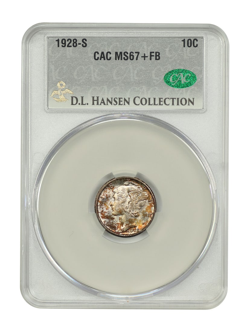 1928-S 10C CACG MS67+FB ex: D.L. Hansen - Mercury Dime: 1928-S 10C CACG MS67+FB ex: D.L. Hansen - Mercury Dime The 1928-S Mercury Dime, graded MS67+FB by CACG, boasts exceptional condition with a high level of detail and luster. This uncirculated coin