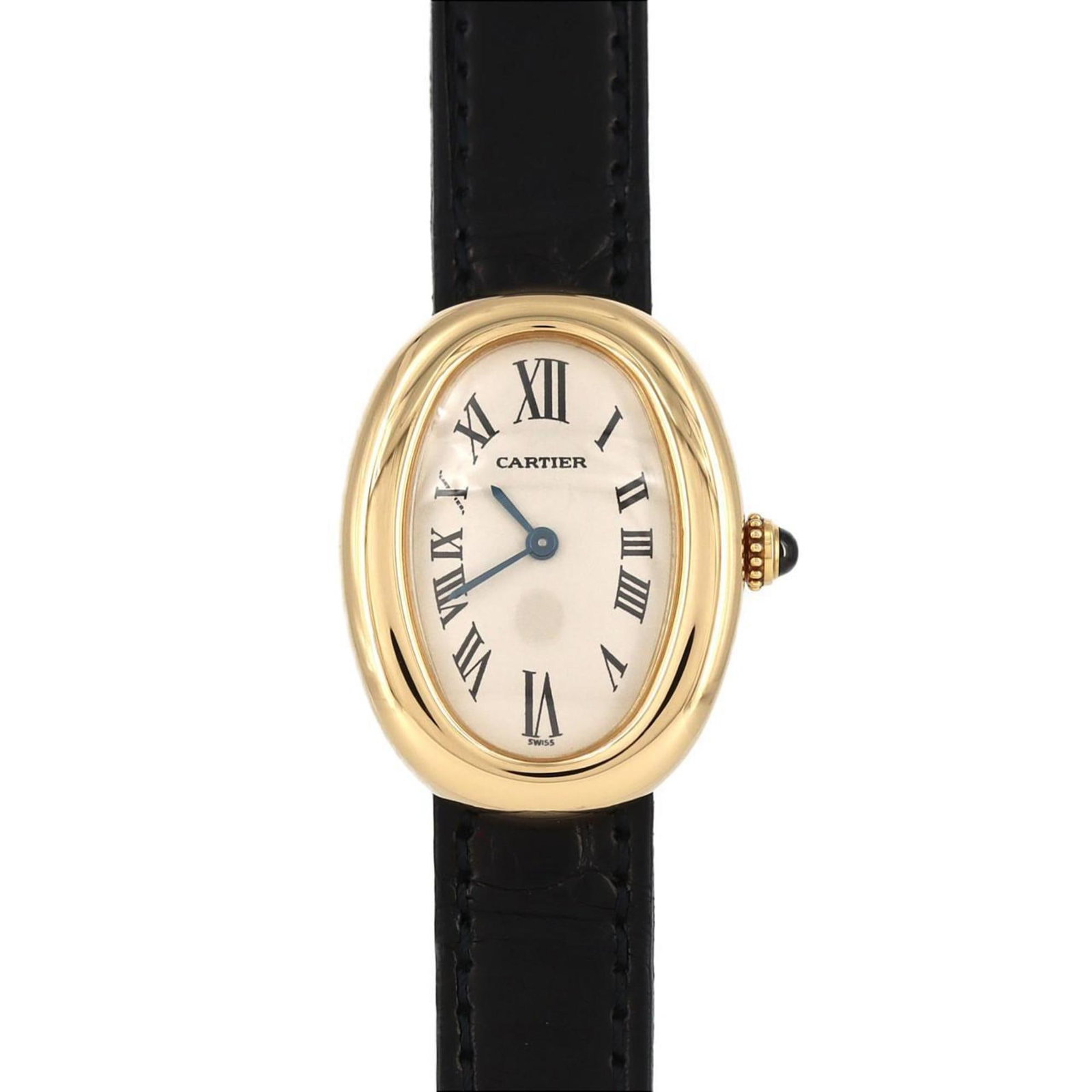 Cartier Wristwatch: Cartier Wristwatch Yellow gold Cartier wristwatch with a silver dial, featuring a classic design. The watch has a 22.5mm case diameter and a black band, bearing some minor scratches and dirt. In very 