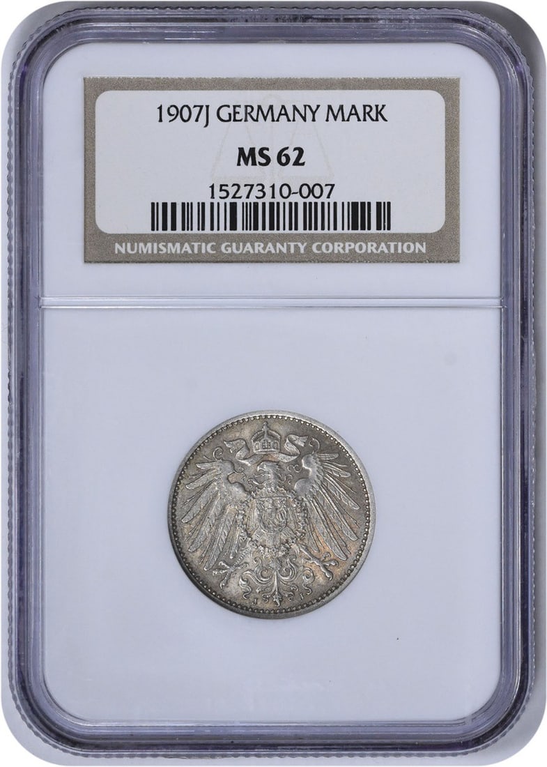 1907J Germany 1 Mark KM14 MS62 NGC: 1907J Germany 1 Mark KM14 MS62 NGC The 1907J Germany 1 Mark KM14 MS62 NGC is an uncirculated coin with a high level of minting quality, graded MS62 by the Numismatic Guaranty Corporation. This silver
