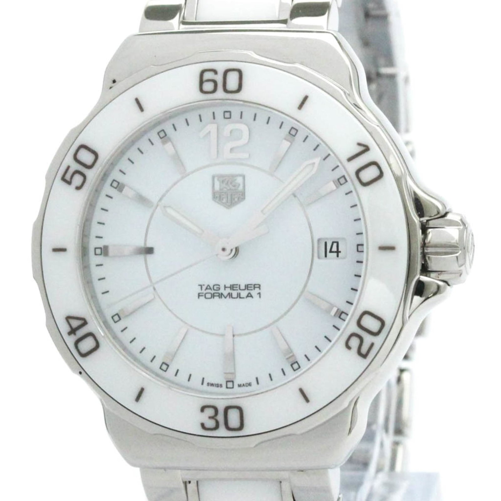 Tag Heuer Wristwatch: Tag Heuer Wristwatch Tag Heuer's ceramic and stainless steel wristwatch boasts a sleek, white dial and a durable case diameter of 35mm. With its versatile design and premium materials, this dress/form