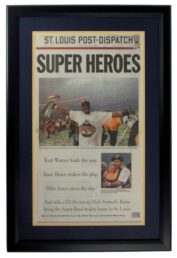 ST LOUIS DISPATCH CHAMPS RAMS 2000 S B FRAMED NEWSPAPER (1 of 1)