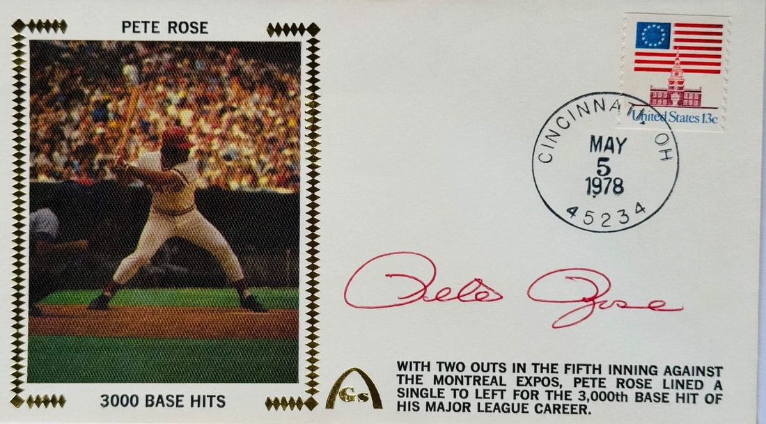 Pete Rose Autographed First Day Cover May. 5 1978 "3000 Base Hits" (JSA) (1 of 2)
