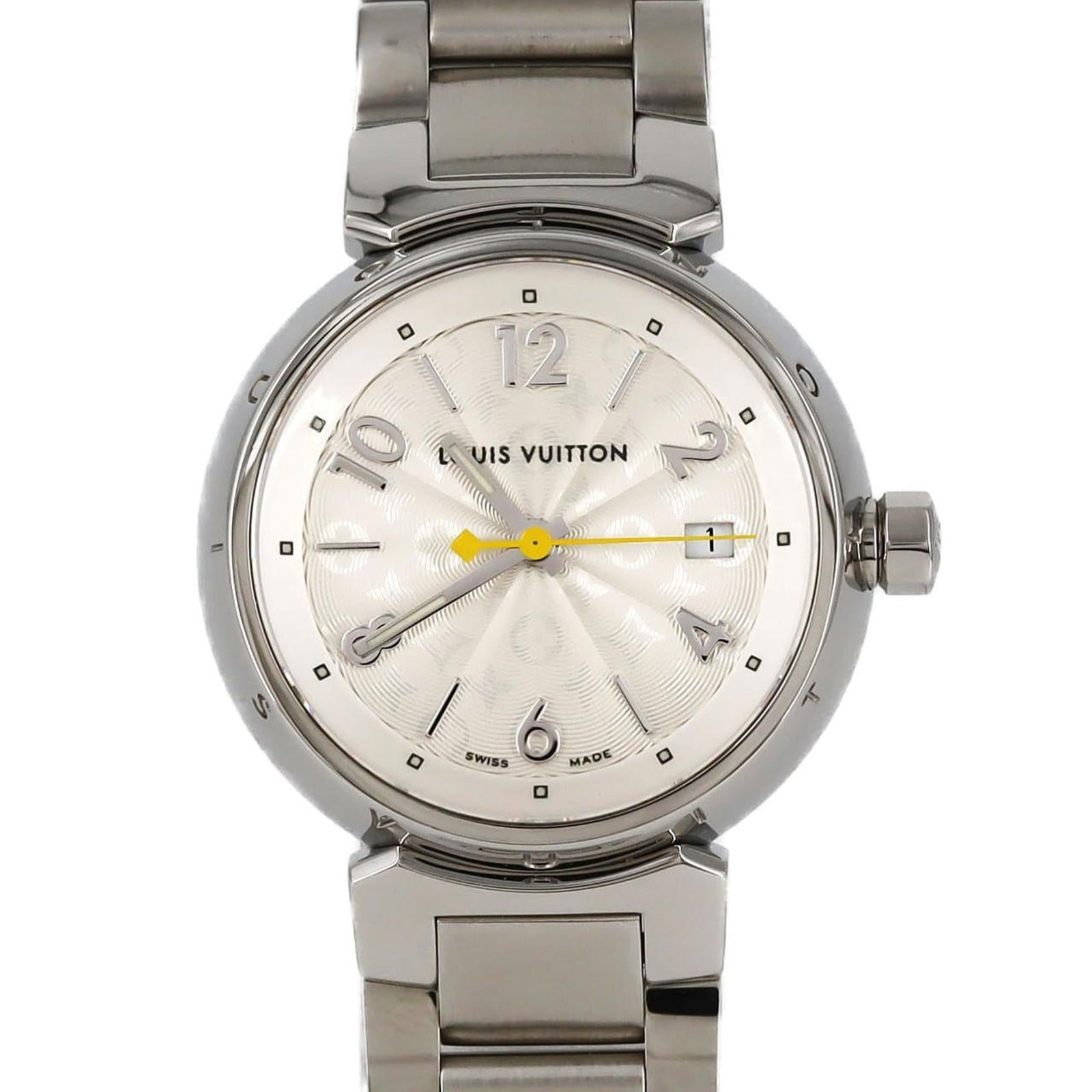 Louis Vuitton Wristwatch: Louis Vuitton Wristwatch Stainless steel case and band add a touch of modern sophistication to this silver-toned Louis Vuitton wristwatch, featuring a classic design with subtle scratches and signs of