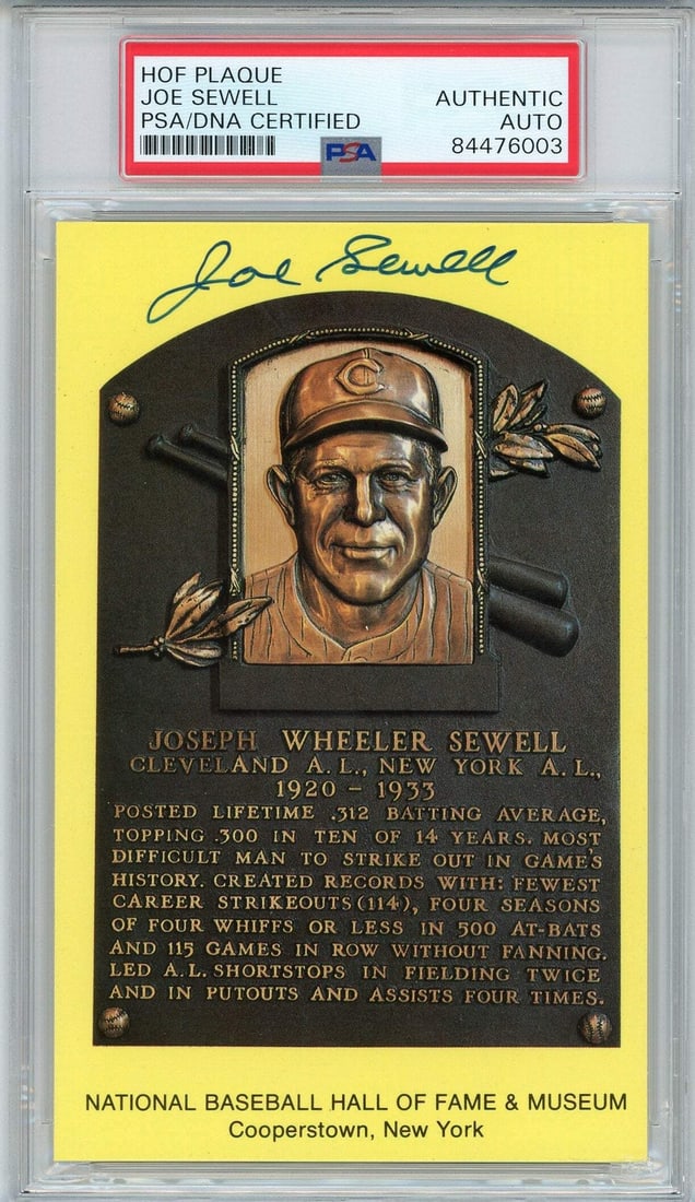 Joe Sewell Autographed Hall of Fame Plaque Card (PSA) (1 of 2)