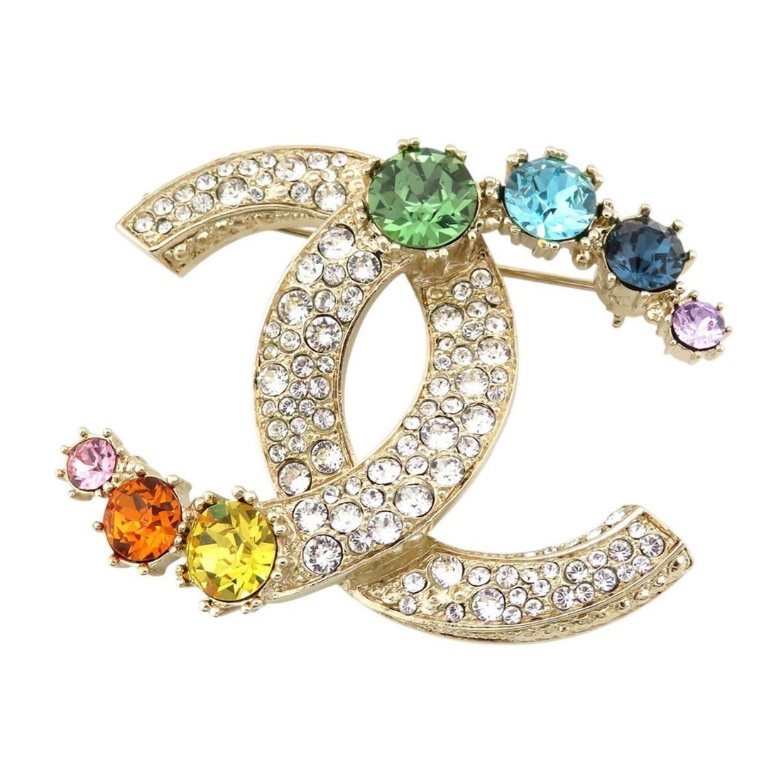 CHANEL A19 S Coco Mark CC Clored Stone and Rhinestone Pin Brooch: CHANEL A19 S Coco Mark CC Clored Stone and Rhinestone Pin Brooch Item Specifics: Brand: CHANEL Type: Brooch Color: Gold Main Stone Color: multicolored Material: Metal Metal: Gold Plated Product Discla