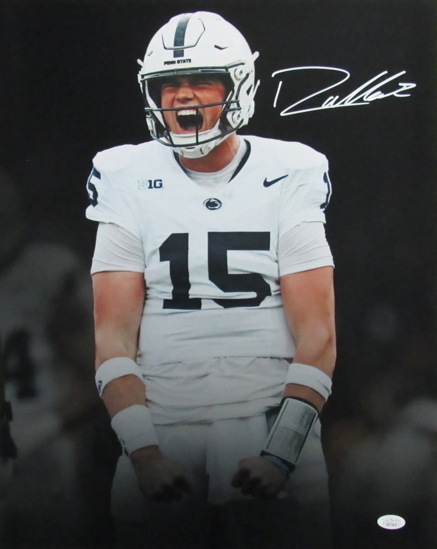 Drew Allar Autographed 16x20 Penn State JSA Photo: Drew Allar Autographed 16x20 Penn State JSA Photo Drew Allar's autograph shines brightly on this official 16x20 Penn State photo, bearing the authentication mark from James Spence Authentication. The