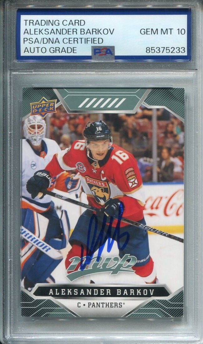 Aleksander Barkov Autographed Card Upper Deck PSA Auto Grade 10: Aleksander Barkov Autographed Card Upper Deck PSA Auto Grade 10 Aleksander Barkov's skills on the ice are matched by his skill in signing this Upper Deck card, which PSA has graded with a perfect 10