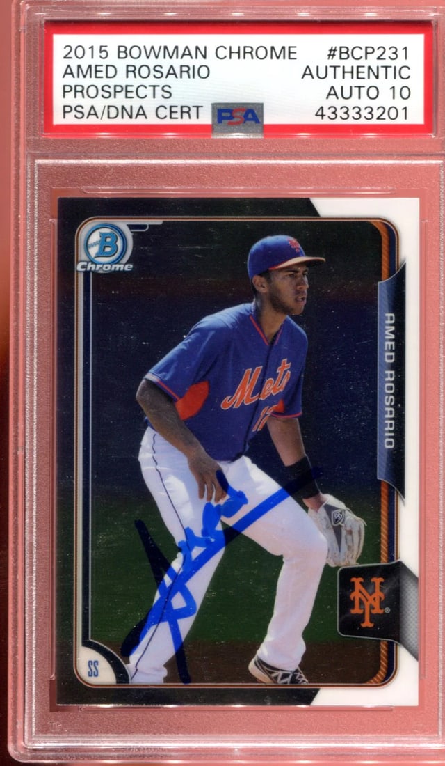 Amed Rosario 2015 Bowman Prospects Chrome Autographed Card (PSA): Amed Rosario 2015 Bowman Prospects Chrome Autographed Card (PSA) Amed Rosario's 2015 Bowman Prospects Chrome Autographed Card, graded 10 by PSA. This card features the autograph of the talented