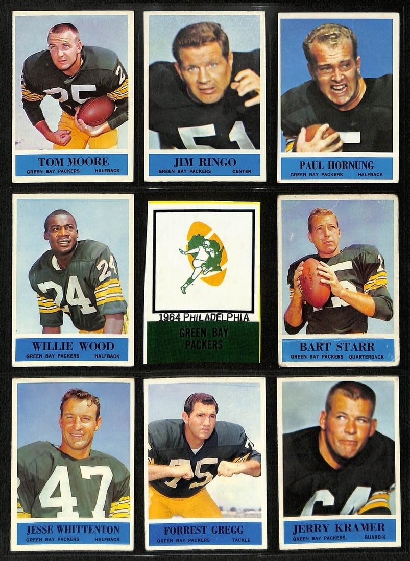 Green Bay Packers Partial Team Set from 1964 Philadelphia Football Cards: Green Bay Packers Partial Team Set from 1964 Philadelphia Football Cards Original 1964 Philadelphia Football Cards Partial Team Set, featuring the iconic Green Bay Packers. This set showcases the