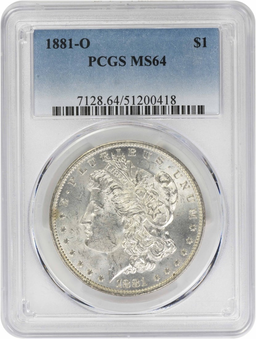 1881-O Morgan Silver Dollar MS64 PCGS: 1881-O Morgan Silver Dollar MS64 PCGS The 1881-O Morgan Silver Dollar MS64 PCGS boasts exceptional condition, graded by the esteemed PCGS with an MS64 rating. This stunning coin features a rich