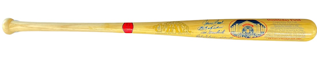Carl Yastrzemski Johnny Bench Al Barlick Red Schoendienst Signed Cooperstowns Ba: Carl Yastrzemski Johnny Bench Al Barlick Red Schoendienst Signed Cooperstowns Ba Signed in blue sharpie across the front of the bat by Carl Yastrzemski, Johnny Bench, Al Barlick, and Red