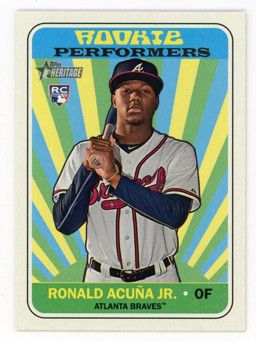 Ronald Acuna JR 2018 Topps Heritage Rookie Performers #RP-RA Card: Ronald Acuna JR 2018 Topps Heritage Rookie Performers #RP-RA Card The 2018 Topps Heritage Rookie Performers #RP-RA card features Ronald Acuna JR, the talented young outfielder who made a significant