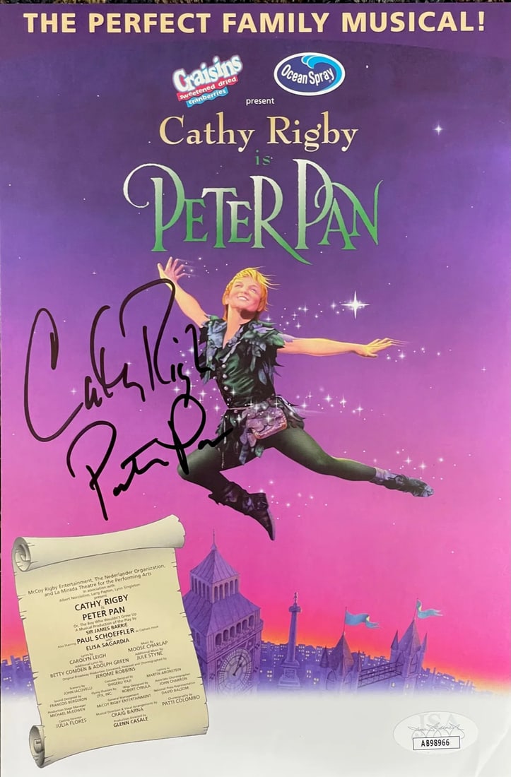 Cathy Rigby Autographed 6x9 Celebrity OceanSpray & Craisins Page (JSA): Cathy Rigby Autographed 6x9 Celebrity OceanSpray & Craisins Page (JSA) Cathy Rigby's black sharpie signature "Peter Pan" shines across the front of this unique 6x9 page, bearing a special message from