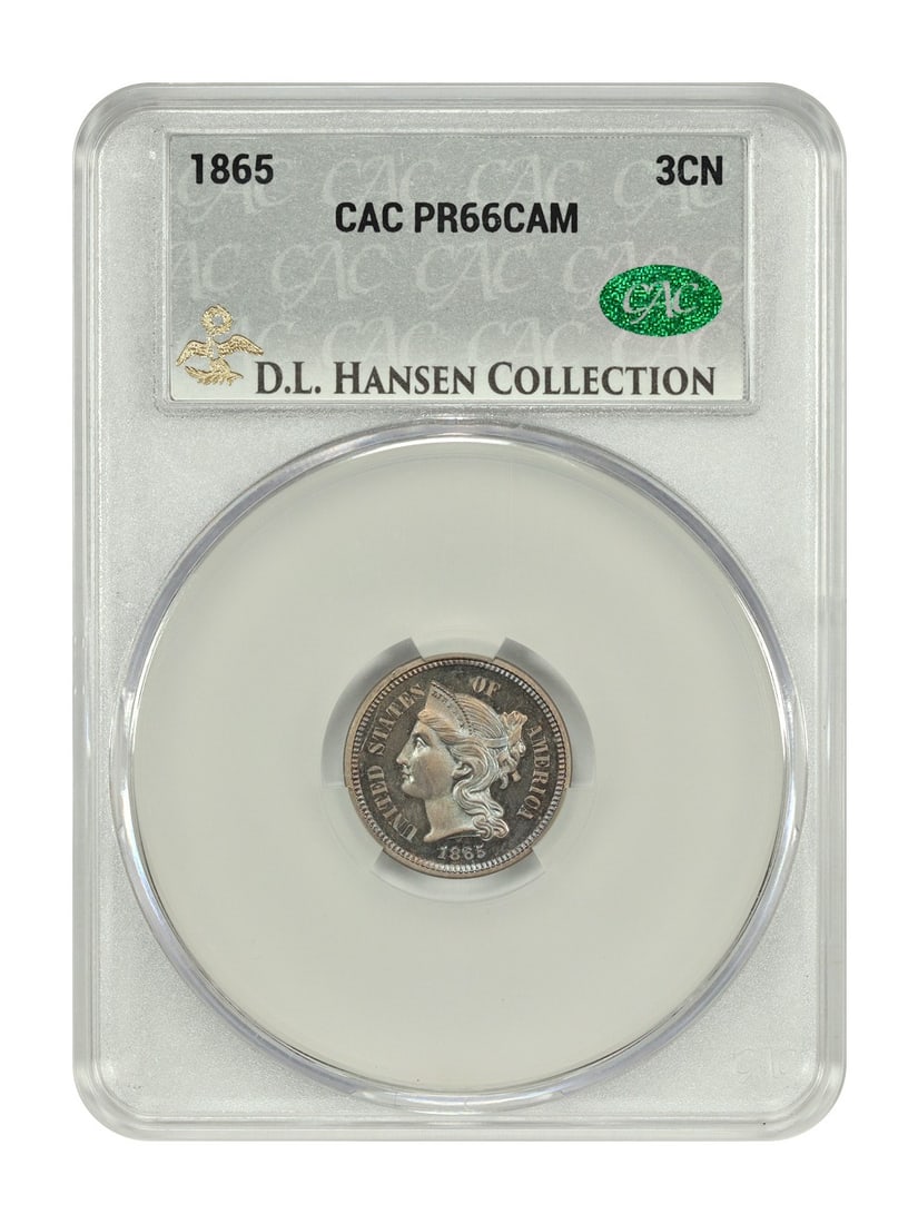 1865 3CN CACG PR66CAM ex: D.L. Hansen - Three Cent Nickel: 1865 3CN CACG PR66CAM ex: D.L. Hansen - Three Cent Nickel The 1865 Three Cent Nickel, graded PR66CAM by CACG, boasts exceptional preservation with a striking cameo appearance. Certified as