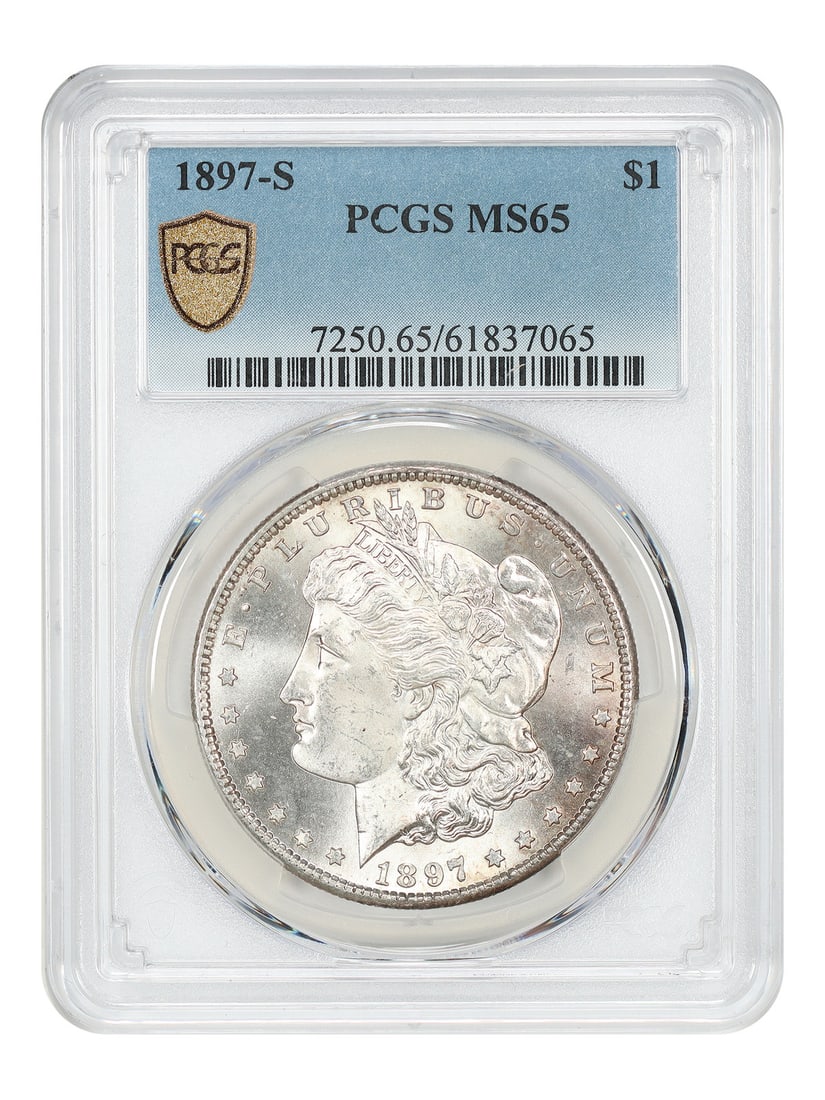 Morgan Dollar - Desirable S-Mint 1897-S MS65: Morgan Dollar - Desirable S-Mint 1897-S MS65 The 1897-S Morgan Dollar, certified MS65 by PCGS, boasts exceptional mint state condition with striking details. This highly graded coin showcases the San