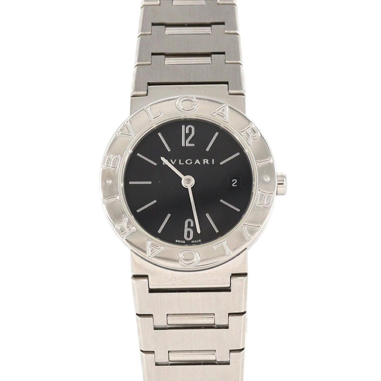 Bvlgari Wristwatch: Bvlgari Wristwatch Stainless steel case and band add a sleek touch to this Bvlgari wristwatch, featuring a black dial. The 26mm case diameter fits comfortably on wrists up to 15.5cm in size. With its 