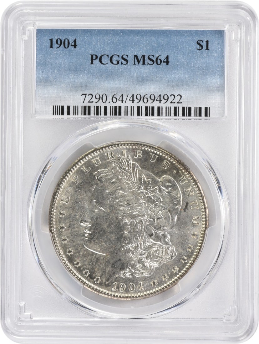1904 Morgan Silver Dollar MS64 PCGS: 1904 Morgan Silver Dollar MS64 PCGS MS64 PCGS Certified Morgan Silver Dollar, minted in 1904 with its distinctive reeded edge and classic design by George T. Morgan, weighs 26.73 grams and features a