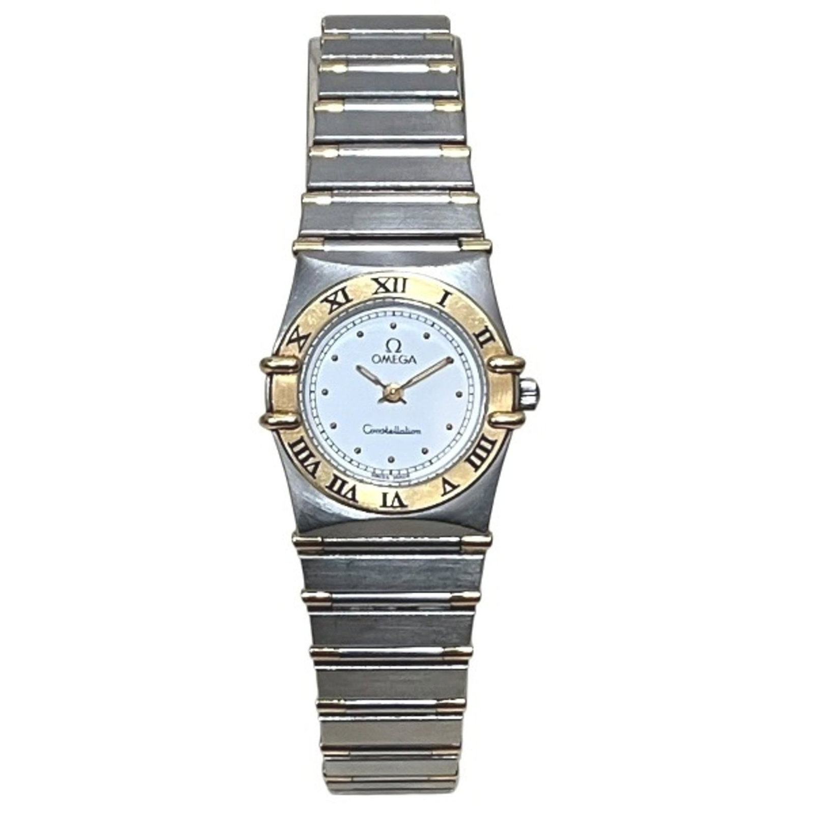 Omega Wristwatch: Omega Wristwatch Stainless steel and yellow gold combine in this Omega wristwatch, featuring a white dial and 28mm case. The watch has traces of usage with scratches and dirt, but remains in good