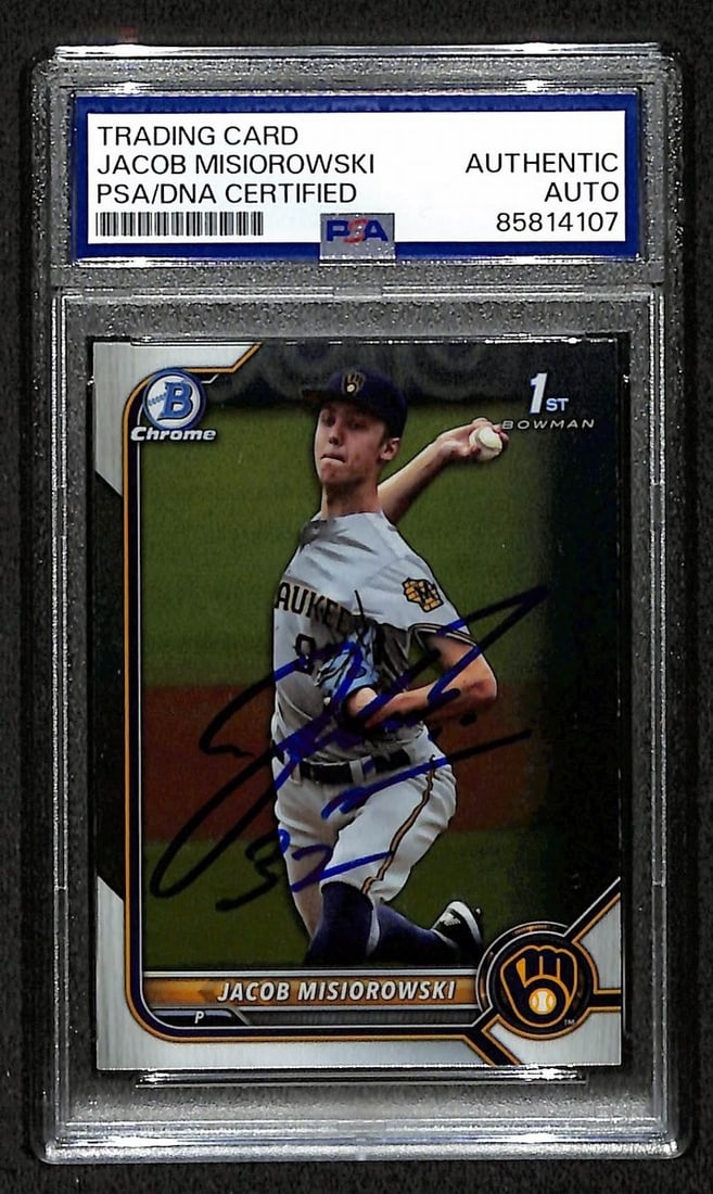 Jacob Misiorowski 2022 Bowman Chrome Draft Card #BDC-132 Signed PSA/ DNA BA209402: Jacob Misiorowski 2022 Bowman Chrome Draft Card #BDC-132 Signed PSA/ DNA BA209402 Signed by artist Jacob Misiorowski, this 2022 Bowman Chrome Draft Card #BDC-132 features a unique DNA BA209402